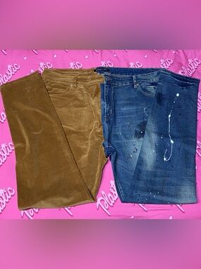 NWOT Mens Embellish Split Leg Corduroy Paint Splatter Denim Bottoms Pants Jeans